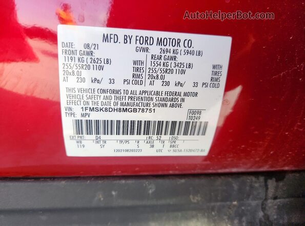 1FMSK8DH8MGB78751 2021 FORD EXPLORER Red Vista interior de 360 grados