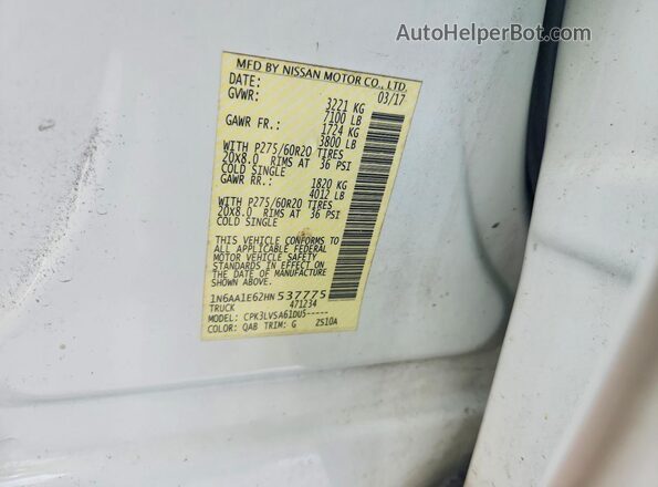 1N6AA1E62HN537775 2017 NISSAN TITAN Белый Вид наклейки с VIN-кодом