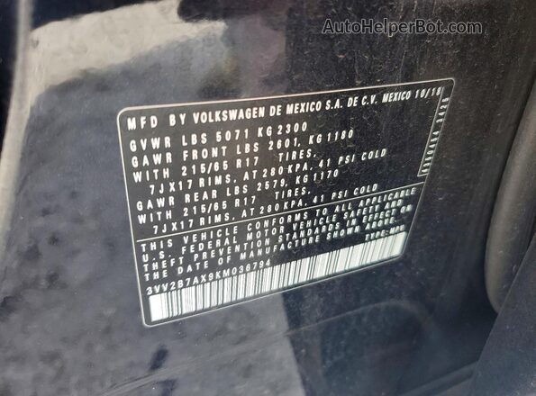 3VV2B7AX9KM036794 2019 VOLKSWAGEN TIGUAN Черный Вид наклейки с VIN-кодом