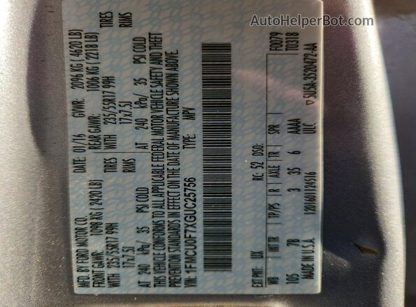 1FMCU0F7XGUC25756 2016 FORD ESCAPE Silver Widok naklejki z numerem VIN