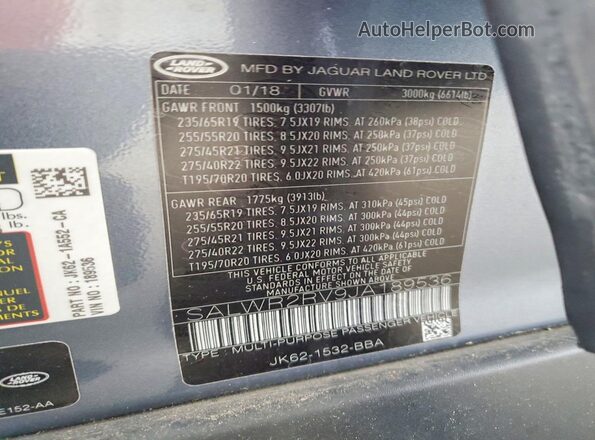 SALWR2RV9JA189536 2018 LAND ROVER RANGE Blue Vista de la etiqueta del VIN