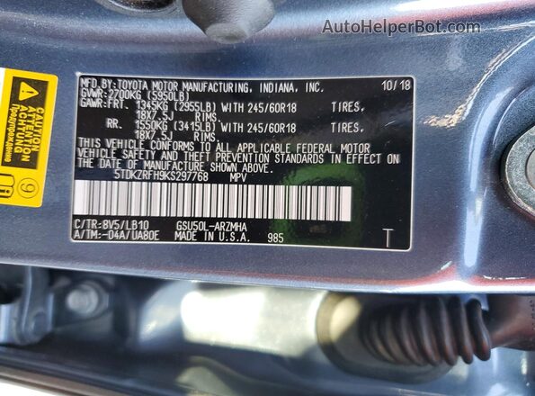 5TDKZRFH9KS297768 2019 TOYOTA HIGHLANDER Blue სალონის 360-გრადუსიანი ხედი
