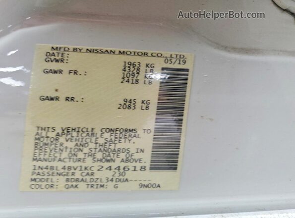 1N4BL4BV1KC244618 2019 NISSAN ALTIMA White Widok naklejki z numerem VIN