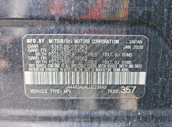 JA4AR3AU4LU023642 2020 MITSUBISHI OUTLANDER Black Вид наклейки з VIN-кодом