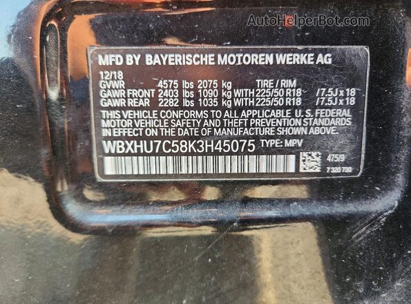 WBXHU7C58K3H45075 2019 BMW X1 Black Widok wnętrza 360 stopni