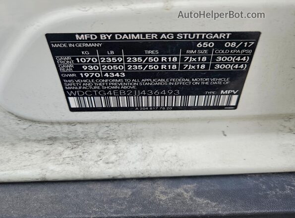 WDCTG4EB2JJ436493 2018 MERCEDES-BENZ GLA-CLASS White VIN sticker view
