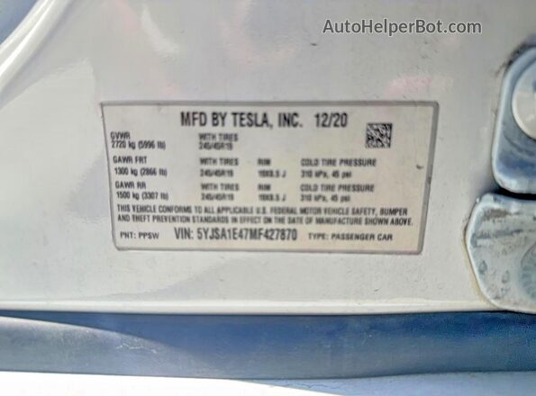 5YJSA1E47MF427870 2021 TESLA MODEL S White Widok wnętrza z tyłu