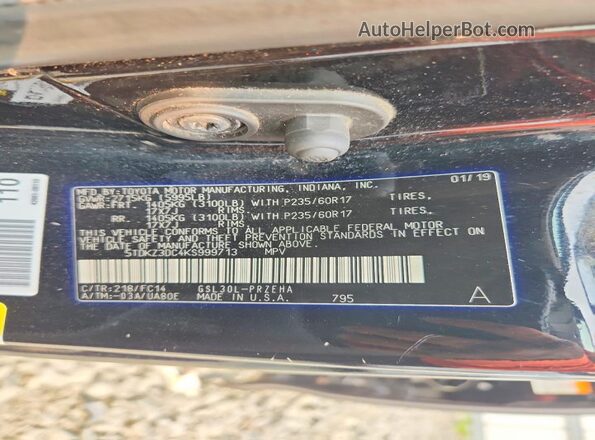 5TDKZ3DC4KS999713 2019 TOYOTA SIENNA Black Панорамний вид салону 360°