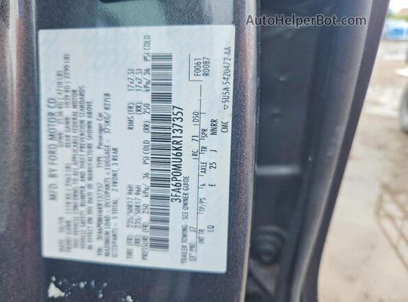 3FA6P0MU6KR137357 2019 FORD FUSION Угольный Вид наклейки с VIN-кодом