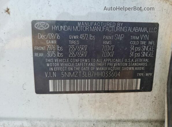 5NMZT3LB7HH033604 2017 HYUNDAI SANTA White სალონის 360-გრადუსიანი ხედი