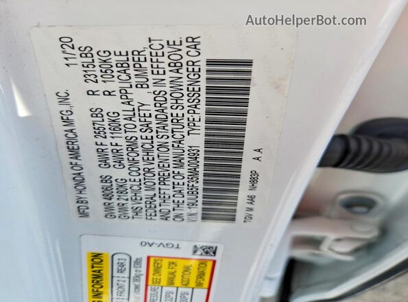 19UUB5F35MA004931 2021 ACURA TLX White Widok naklejki z numerem VIN