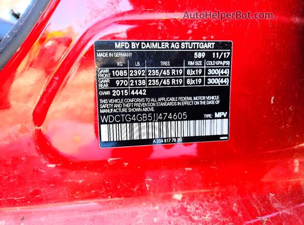 WDCTG4GB5JJ474605 2018 MERCEDES-BENZ GLA-CLASS Red VIN կոդի պիտակի տեսք