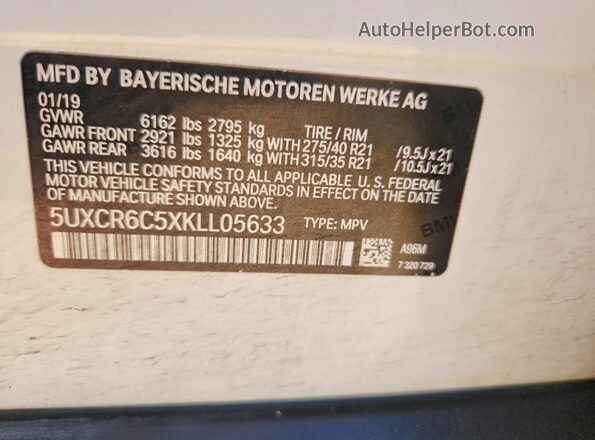 5UXCR6C5XKLL05633 2019 BMW X5 White Vista de la etiqueta del VIN