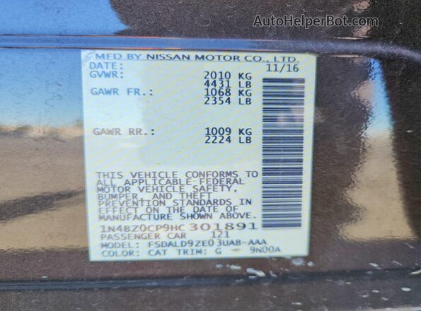 1N4BZ0CP9HC301891 2017 NISSAN LEAF Brown VIN sticker view