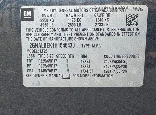 2GNALBEK1H1546430 2017 CHEVROLET EQUINOX Серый 