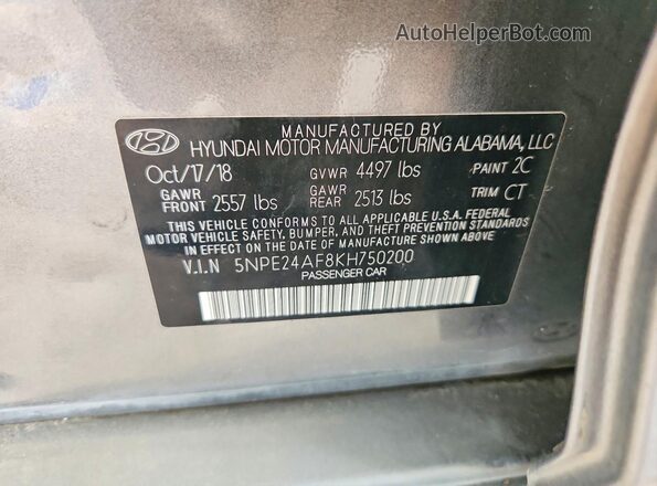 5NPE24AF8KH750200 2019 HYUNDAI SONATA Серый Вид наклейки с VIN-кодом