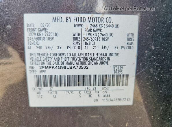 2FMPK4G99LBA73502 2020 FORD EDGE Charcoal Vista interior de 360 grados