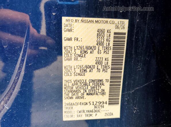1N6BA1F4XGN512994 2016 NISSAN TITAN Синий Вид наклейки с VIN-кодом