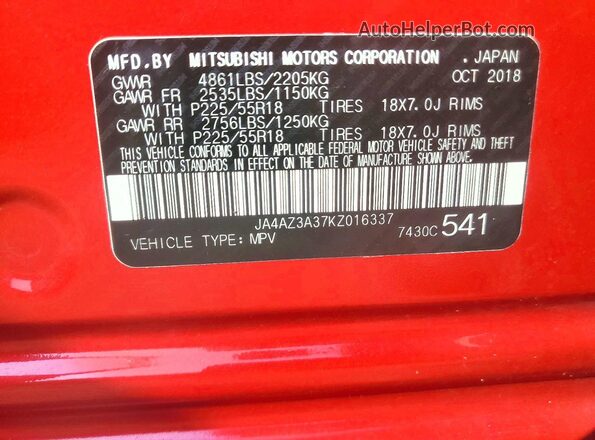 JA4AZ3A37KZ016337 2019 MITSUBISHI OUTLANDER Red Widok wnętrza 360 stopni