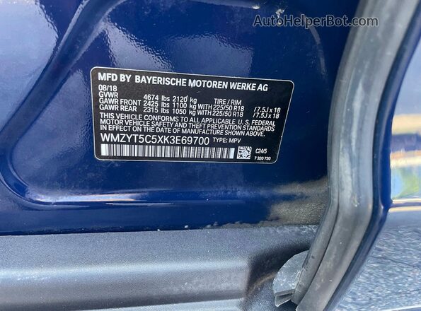 WMZYT5C5XK3E69700 2019 MINI COOPER Blue Widok wnętrza z tyłu