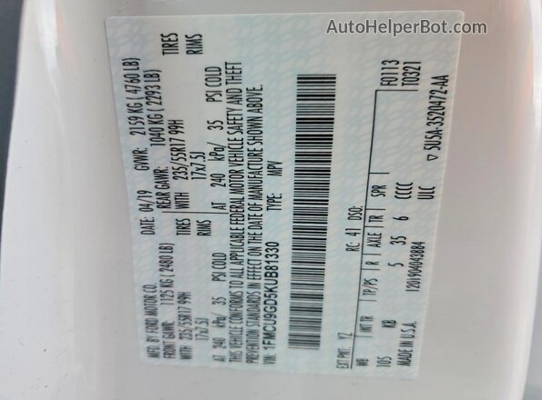 1FMCU9GD5KUB81330 2019 FORD ESCAPE White Սալոնի 360 աստիճան տեսք