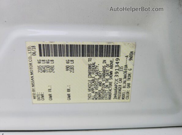 1N4AA6AP2JC391349 2018 NISSAN MAXIMA White Вид наклейки з VIN-кодом