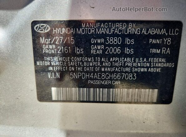 5NPDH4AE8GH667083 2016 HYUNDAI ELANTRA Silver Widok naklejki z numerem VIN