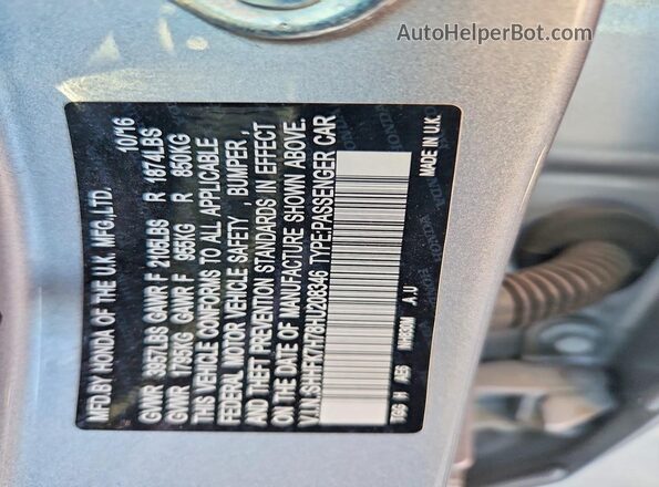 SHHFK7H78HU208346 2017 HONDA CIVIC Silver Widok naklejki z numerem VIN