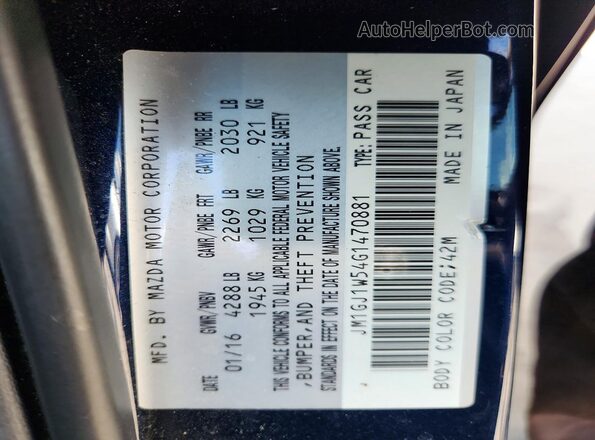 JM1GJ1W54G1470881 2016 MAZDA 6 Blue Widok naklejki z numerem VIN