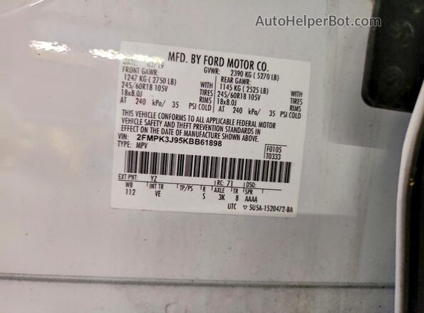2FMPK3J95KBB61898 2019 FORD EDGE White Սալոնի 360 աստիճան տեսք