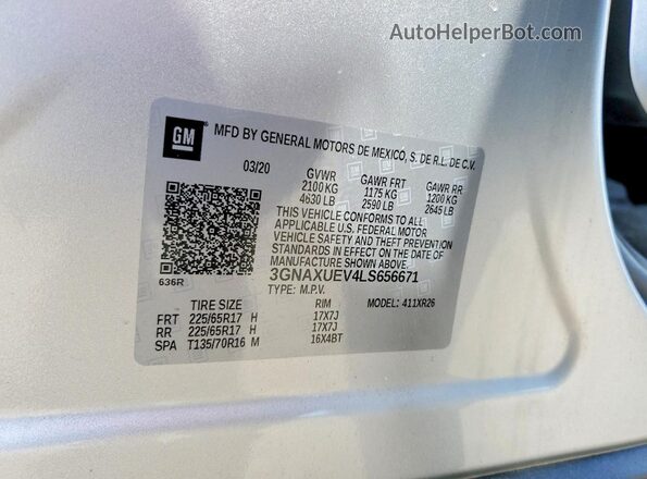 3GNAXUEV4LS656671 2020 CHEVROLET EQUINOX Silver Vista interior de 360 grados