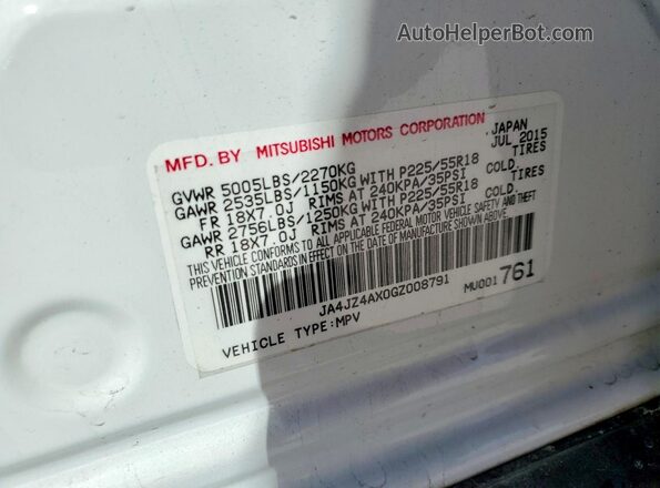 JA4JZ4AX0GZ008791 2016 MITSUBISHI OUTLANDER White Vista de la etiqueta del VIN