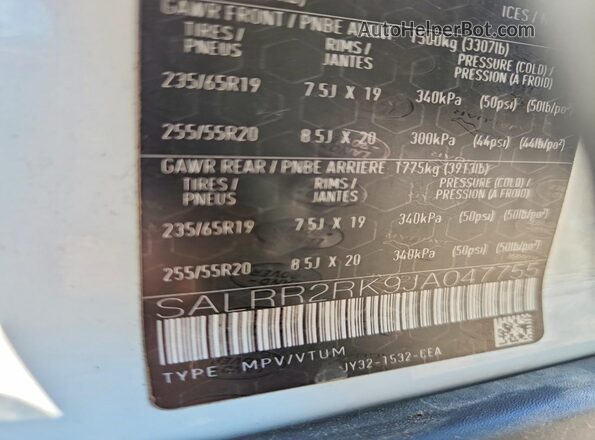 SALRR2RK9JA047755 2018 LAND ROVER DISCOVERY White Вид наклейки з VIN-кодом