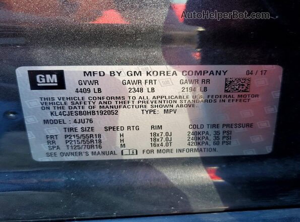 KL4CJESB0HB192052 2017 BUICK ENCORE Gray 360 interior view