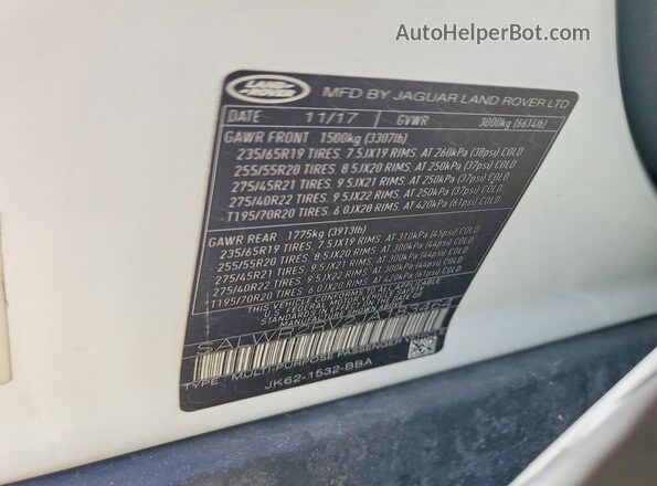 SALWR2RV2JA183464 2018 LAND ROVER RANGE White Vista de la etiqueta del VIN