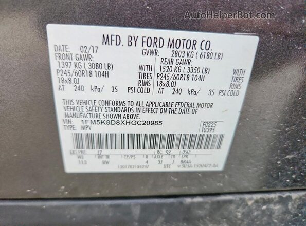 1FM5K8D8XHGC20985 2017 FORD EXPLORER Gray 
