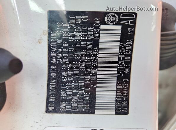 2T1BURHE1KC223934 2019 TOYOTA COROLLA White Vista interior de 360 grados