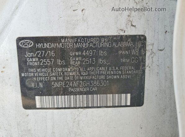 5NPE24AF2GH386301 2016 HYUNDAI SONATA White VIN կոդի պիտակի տեսք
