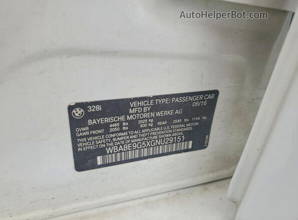 WBA8E9G5XGNU29151 2016 BMW 3 SERIES White Widok naklejki z numerem VIN