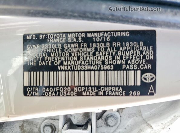 VNKKTUD33HA075963 2017 TOYOTA YARIS White VIN կոդի պիտակի տեսք