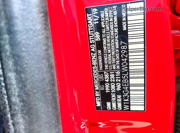 W1K3G4EB5LW042987 2020 MERCEDES-BENZ A Red Vista de la etiqueta del VIN