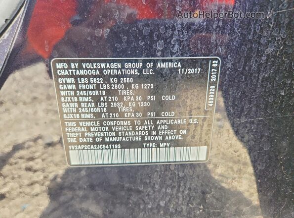 1V2AP2CA2JC541193 2018 VOLKSWAGEN ATLAS Черный Вид наклейки с VIN-кодом
