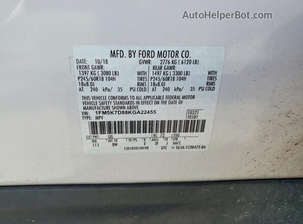 1FM5K7D88KGA22455 2019 FORD EXPLORER Белый Панорамный вид салона 360°