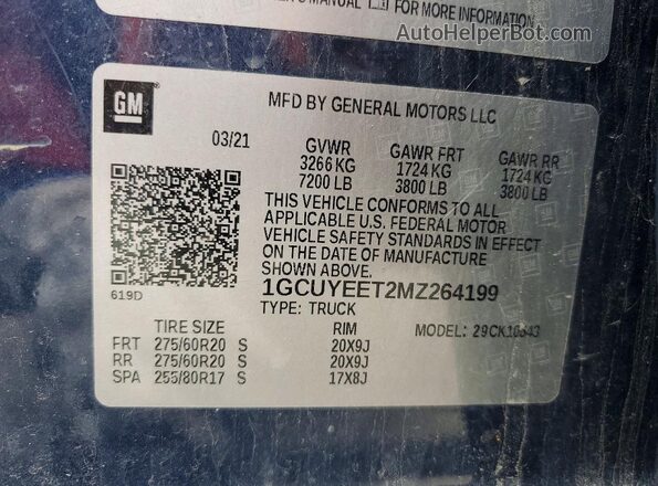 1GCUYEET2MZ264199 2021 CHEVROLET SILVERADO Blue VIN კოდის სტიკერის ხედი