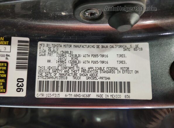 3TMCZ5AN9JM135518 2018 TOYOTA TACOMA Gray VIN sticker view