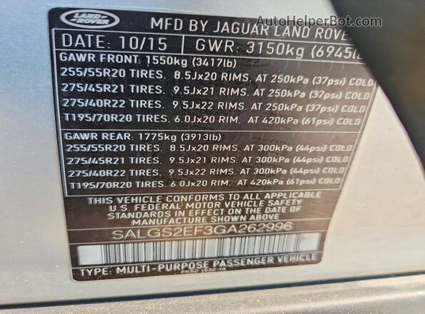 SALGS2EF3GA262996 2016 LAND ROVER RANGE Silver Вид наклейки з VIN-кодом