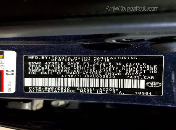 4T1BZ1FB6KU005630 2019 TOYOTA AVALON Blue VIN կոդի պիտակի տեսք