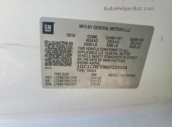 1GC1CREYXKF122024 2019 CHEVROLET SILVERADO White Widok naklejki z numerem VIN