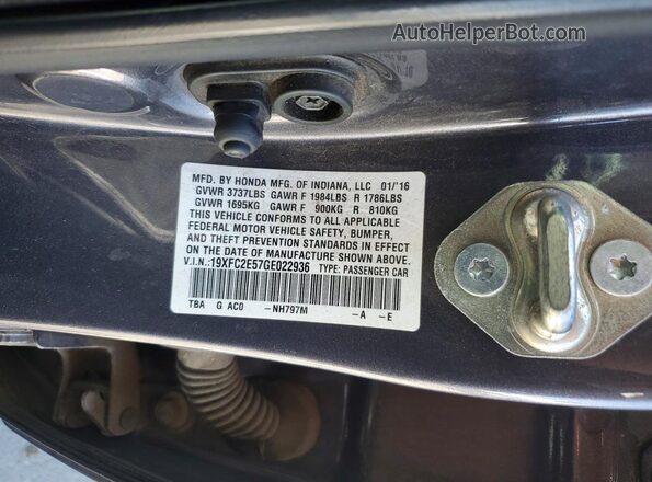 19XFC2E57GE022936 2016 HONDA CIVIC Charcoal Vista de la etiqueta del VIN