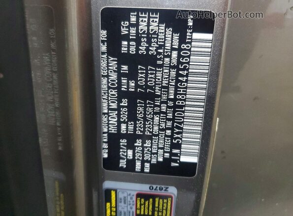 5XYZUDLB8HG445608 2017 HYUNDAI SANTA Gray VIN კოდის სტიკერის ხედი
